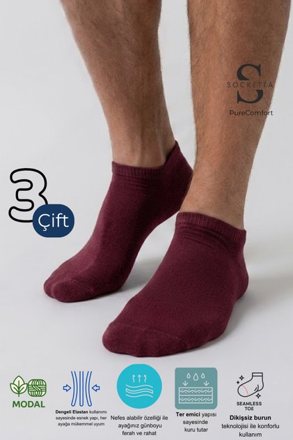 3-Piece Burgundy Men's Modal Seamless Flexible Booties Socks - Premium