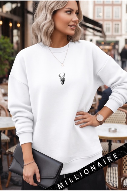 Women's White Geometric Deer Thick Soft 3 Thread Threaded 0 Crew Neck Oversize Loose Sweatshirt