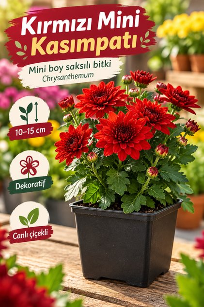 Kırmızı Mini Kasımpatı Saksılı 10–15 cm – Canlı Renkli Çiçekli Bitki Chrysanthemum