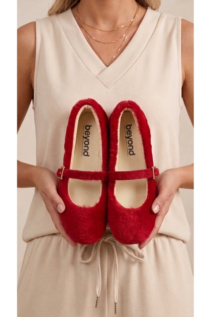 Women's Red Rabbit Fur Buckle Casual Ballerinas 1 cm Byndtav01