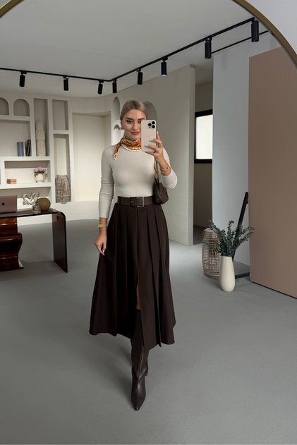 Belted Double Pleated Detail Brown Midi Skirt