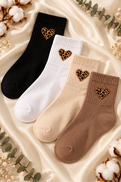 Heart Bead Embroidered College Socks Economical Pack of 4