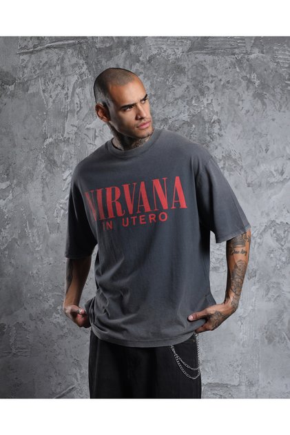 Nirvana in Utero Anjelofer Printed Vintage Washed Grey Oversized Short Sleeve Rock T-Shirt