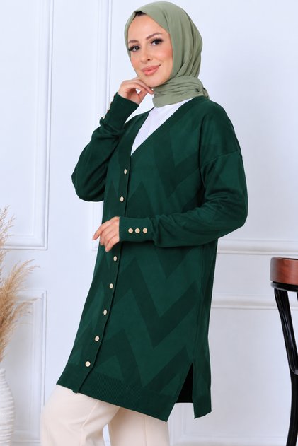 Patterned Long Mercerized Cardigan N3193 Emerald Green