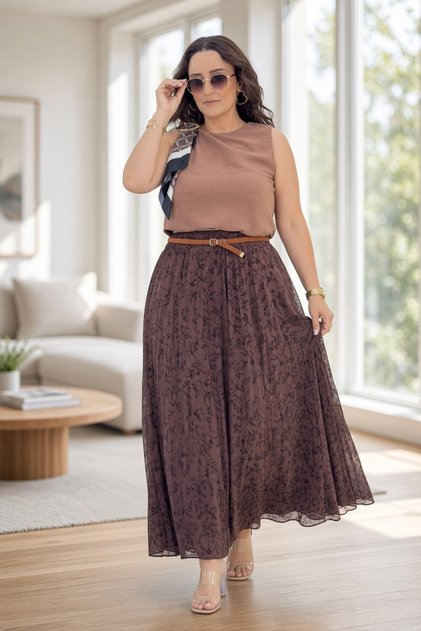 Thin Belt Detail, Flock Print Pattern, Elastic Waist, Lined, Plus Size Tulle Skirt