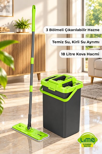 Trio Power Flat Tablet Mop Seti - Temiz Kirli Su Ayrımı - Microfiber Bez - 3 Bölmeli 18 L Hacimli Kova Çıkarılabilir Hazneli