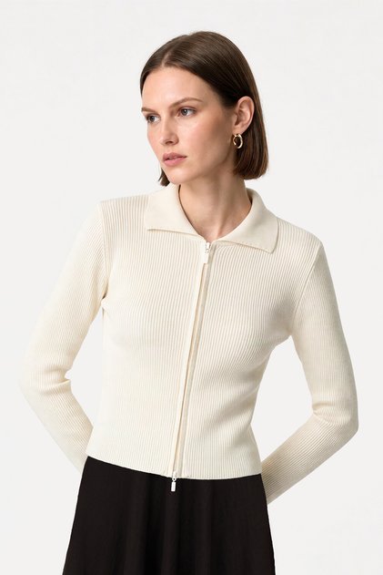 Women's Ecru Fitted Polo Collar Zippered Cardigan