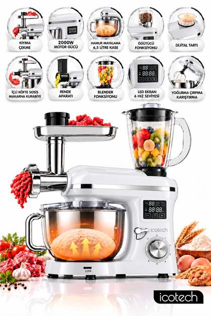 Sm50 Beyaz 2000w 6,5 Lt Ekranlı Hamur Mayalama Kıyma Çekme Blender Stand Mikser Mutfak Şefi