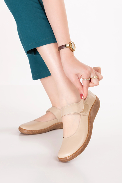 Genuine Leather Anatomical Sole Comfortable Daily Ballet Flats Usl.2210 Beige