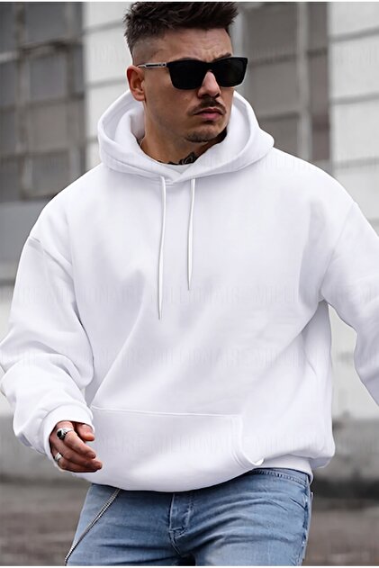 Men's White Plain Hooded Oversize 3 Thread Rastered Loose Fit Hoodie Sweatshirt