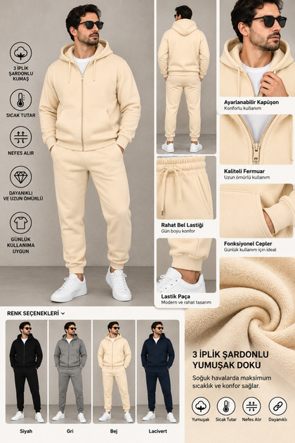 Men's Hooded Zip-Up Tracksuit Set Basic Premium Comfortable Fit Casual Sport