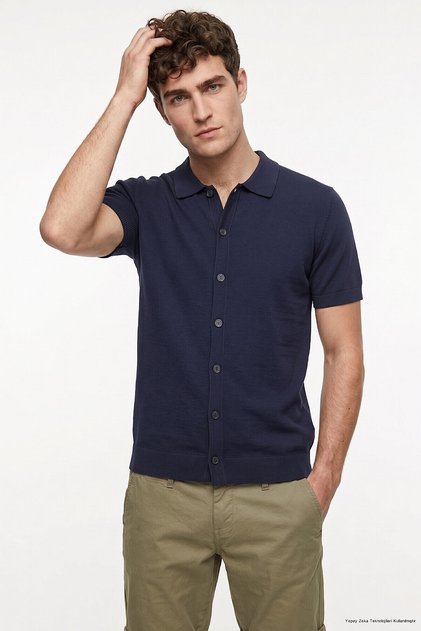 Maya Navy Blue Polo Neck Knitwear Shirt