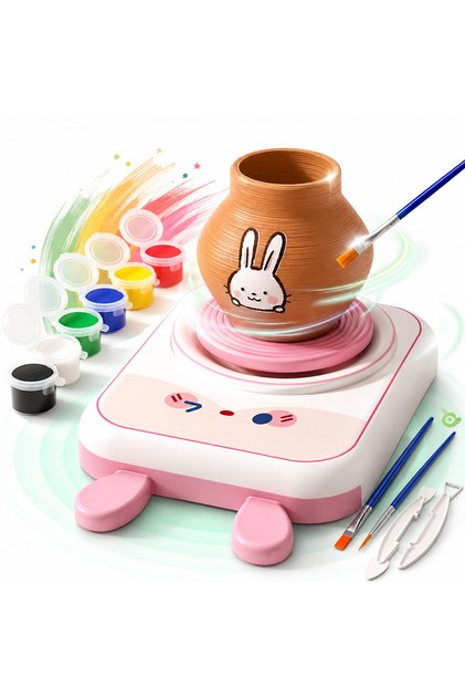 Set de ceramică pentru copii 4–6 ani, roată USB cu 2 viteze, iepuraș, 9 forme de argilă, 5 unelte, 6 culori, șorț și mănuși, roz