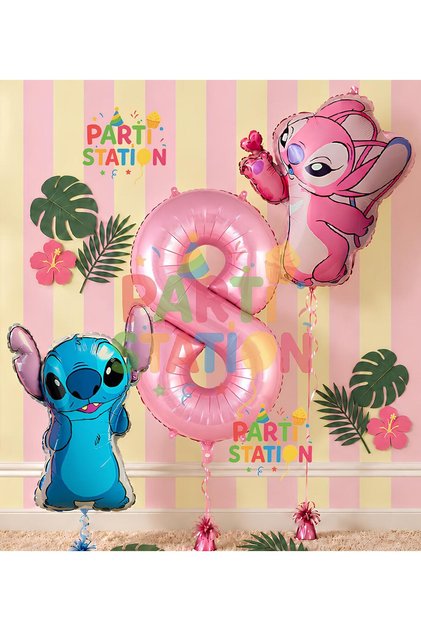 Lilo Stitch and Angel Balloon Set 8 Years Old 3 Piece Pink Number Balloon Birthday Party Set
