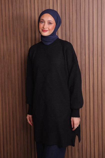 Women's Crew Neck Diamond Pattern 80cm Soft Knitwear Tunic 1140 Black