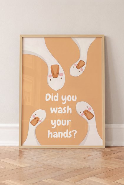 Komik Ördek Banyo Ahşap Çerçeveli Tablo - Ördek Figürlü Wash Your Hands Tablo