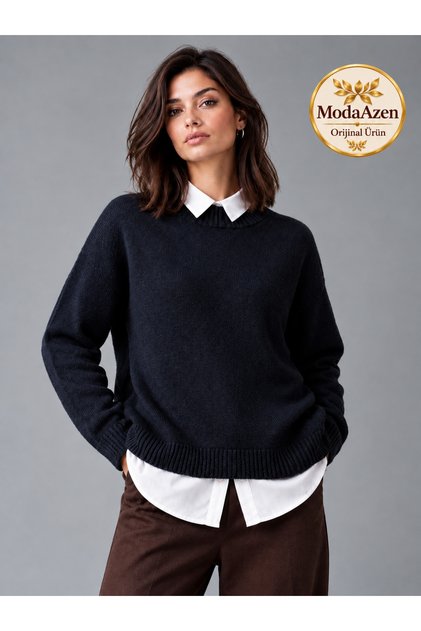 Navy Blue Crew Neck Oversize Women's Knitwear Sweater