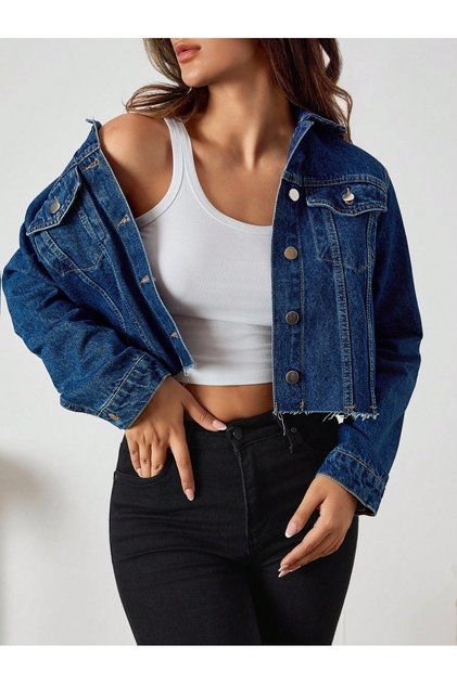 Women's Dark Blue Mid-Crop Denim Jacket with Cutout Detail