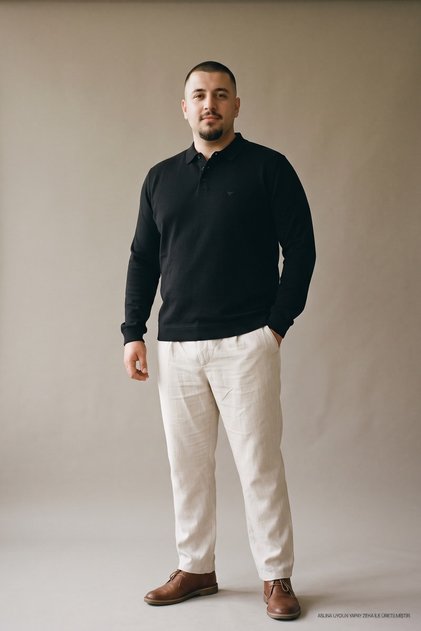Men's Plus Size Winter Oversized Black Polo Neck T-Shirt