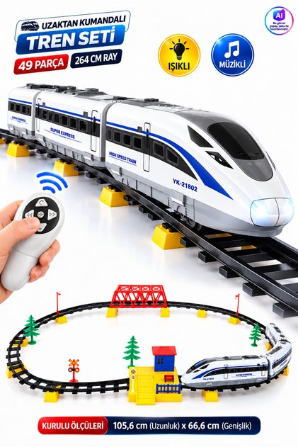 Uzaktan Kumandalı 49 Parça Hızlı Tren Seti | 264 cm Büyük Oval Raylı Işıklı Müzikli Oyuncak Tren