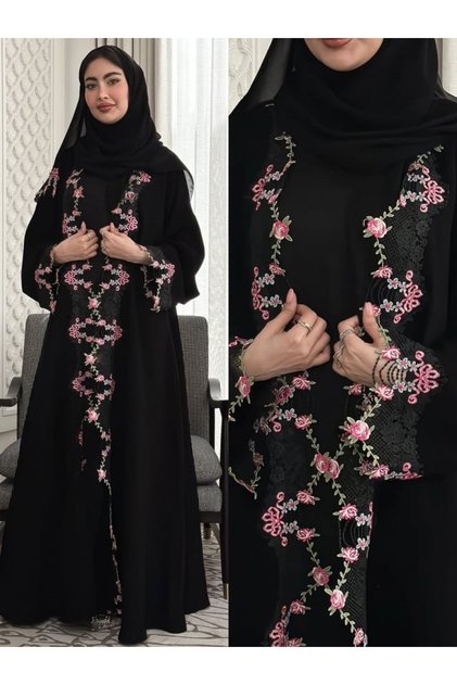 عباءة سوداء مطرزة بتطريز الدانتيل مع فتحة أمامية (بدون حجاب)