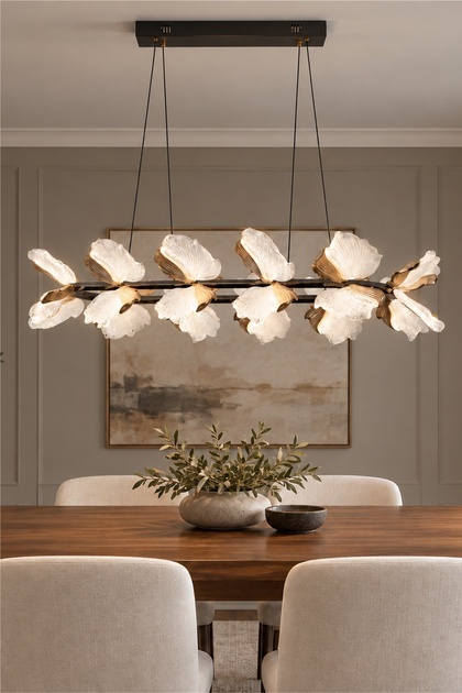 Taran Sıralı Siyah Gold Çiçek Desenli 120 Watt Yemek Masası Üstü Modern Salon Led Avize