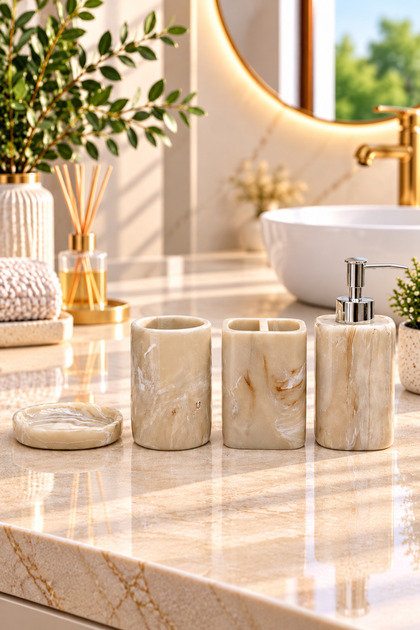 Mermer Desenli Reçine 4'lü Banyo Aksesuar Seti - Kırılmaz Lüx Sabunluk Takımı