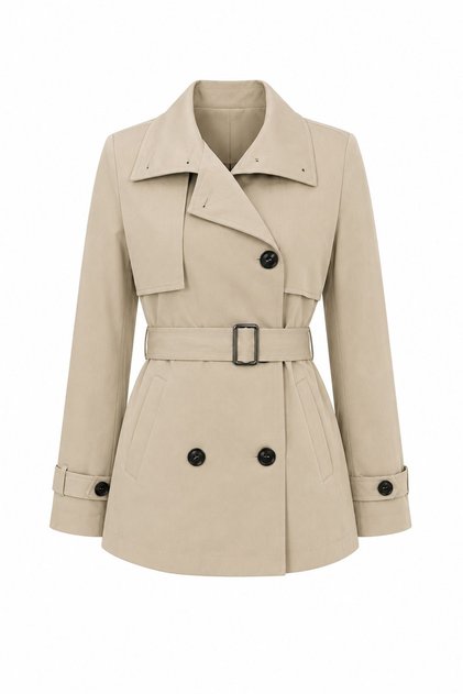Trench Coat with High Collar and Detailed Trim
