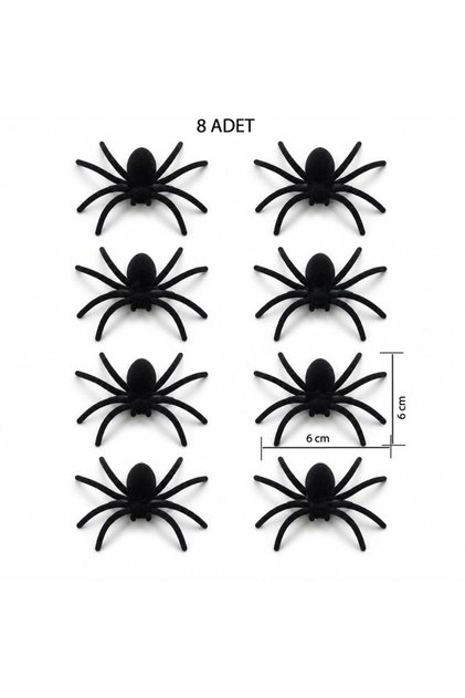 Halloween Sert Plastik Örümcek Kadife Kaplama Siyah Renk 8 Adet 6x6 Cm