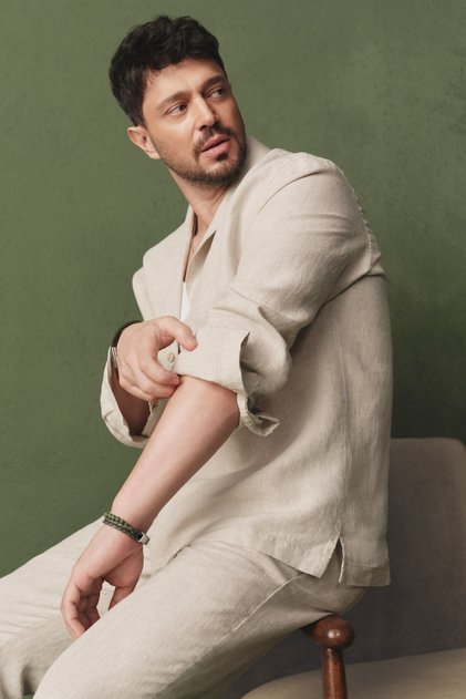 Men's Beige Apaj Collar 100% Linen Breathable Comfort Fit Shirt Jacket A61Y2137
