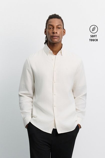 Men's Ecru Bottom-Bottomed Collar Soft Touch Long Sleeve Comfort Fit Shirt A62Y2021