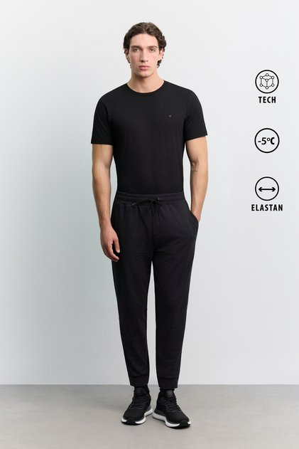 Erkek Siyah Beli Lastik Yan cepli Enjeksiyon Baskılı Paça Kesik Metraj Baskılı Teknik Jogger A62Y340