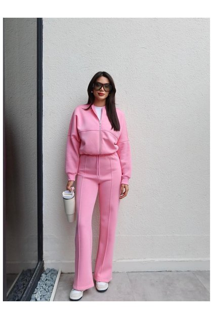 Ribbed Zip Detail Brushed Inside Tracksuit Set