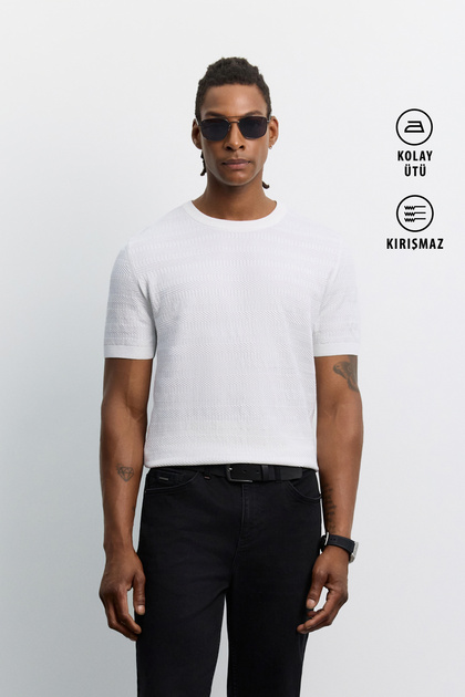 Men's Ecru Crew Neck Easy-Ironing Wrinkle-Resistant Regular Fit Knitwear T-Shirt A62Y5003