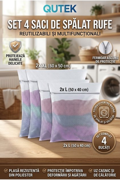 Set 4 Saci de Spalat Rufe, Reutilizabili, 60x50cm/50x40cm, cu Fermoar, Multifunctional