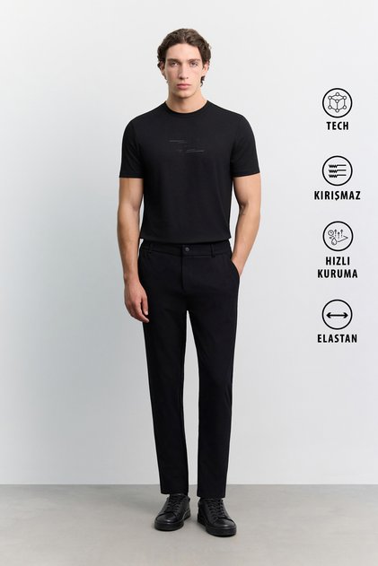 Men's Black Elastic Sides Anti-Wrinkle Quick-Drying Technical Fabric Slim Fit Trousers A62Y3077
