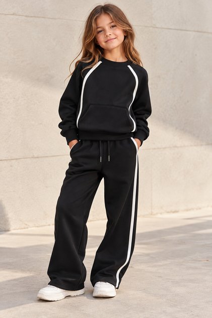 Kız Çocuk Siyah Beyaz Şerit Detaylı Reglan Kol Sweatshirt Geniş Paça Eşofman Takımı