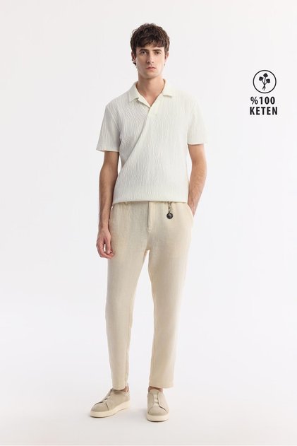 Men's Beige Elastic Waist 100% Linen Relaxed Fit Trousers B003032