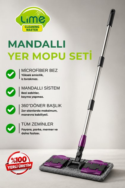 Mandallı Mikrofiber Yer Mopu Seti 360° Döner Başlıklı Paslanmaz Çelik Saplı Islak & Kuru Temizlik Mopu