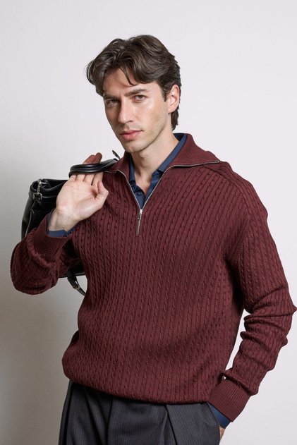 Men's Relax Fit High Collar Hair Knit Sweater Burgundy