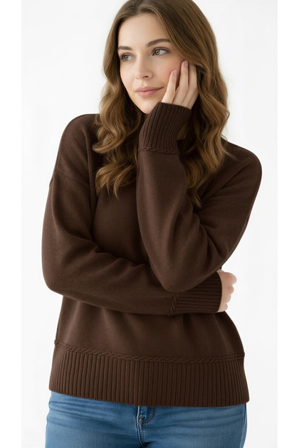 Women's Knitwear Soft Oversized Crew Neck Ribbed Hair Braid Detailed Homy Sweater