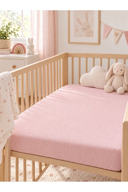 100% Cotton Muslin Elastic Baby Bed Sheet 70X120 Cm, Air-Permeable Muslin Baby Bed Sheet - White / Ecru / Pink