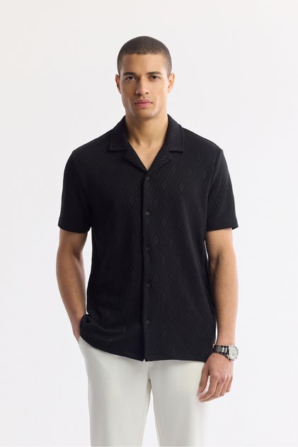 Men's Black Apaj Collar Viscose Blended Short Sleeve Regular Fit Shirt A51Y2144