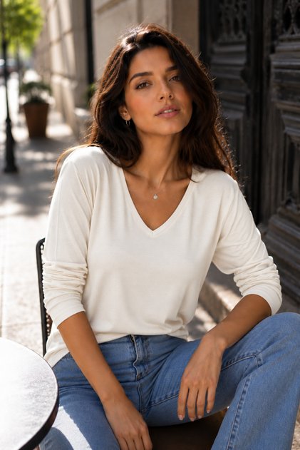 Γυναικείο μπλουζάκι με λαιμόκοψη V Oversize Basic μακρυμάνικο εκρού