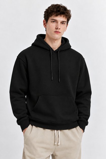 Black Color Kangaroo Pocket Hooded Sweatshirt 1205