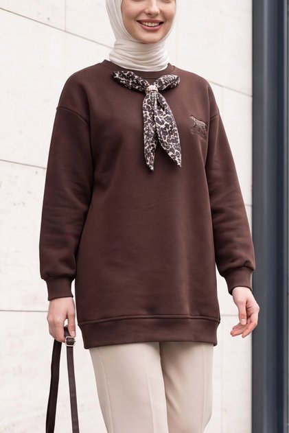 Eșarfă cu emblemă leopard, 3 tricouri cu gâtul tip crew, cu mânecă lungă, din material pentru hijab - Maro închis