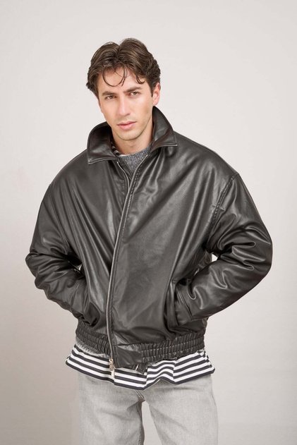 Men's Relax Fit Bomber Leather Jacket Black