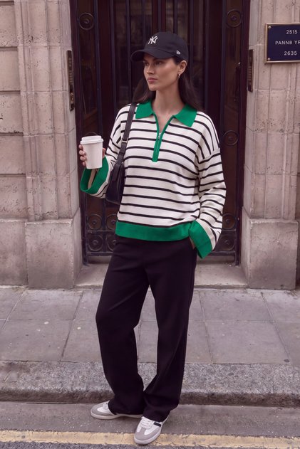 Women's Striped Polo Collar Zipper Detailed Contrast Spanish Sleeve Knitwear Sweater
