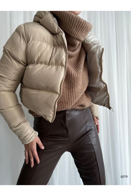 Women's Cream Water Repellent Long Sleeve Zippered Short Inner Lined Crop Hooded Puffer Coat