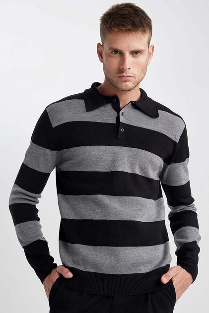 Standard Fit Regular Cut Striped Polo Neck Knitwear Sweater Y4194Az23Wn